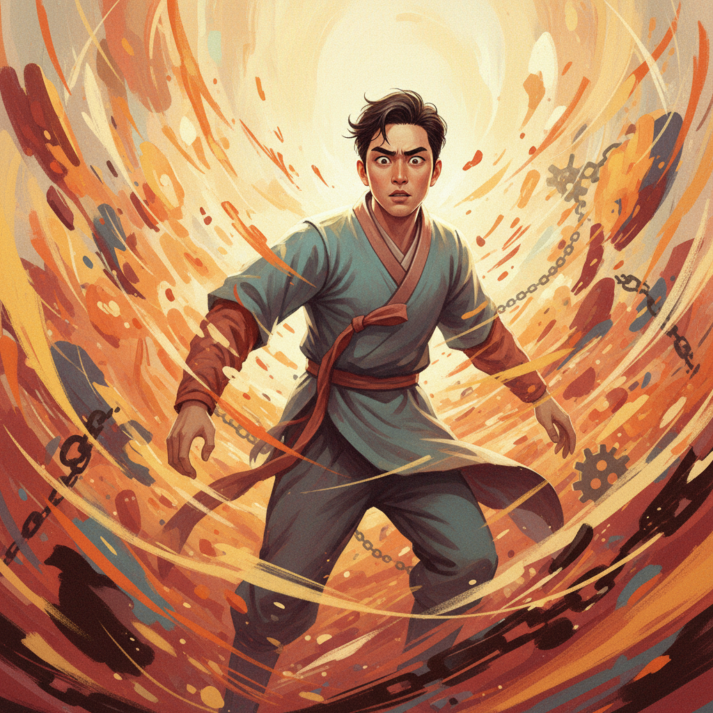 An illustration of a Korean person looking slightly overwhelmed but determined amidst a dynamic, slightly chaotic background with abstract shapes and soft, warm lighting. The person is at the center, surrounded by elements that suggest challenges and movements. Style: artistic rendering, textured background.