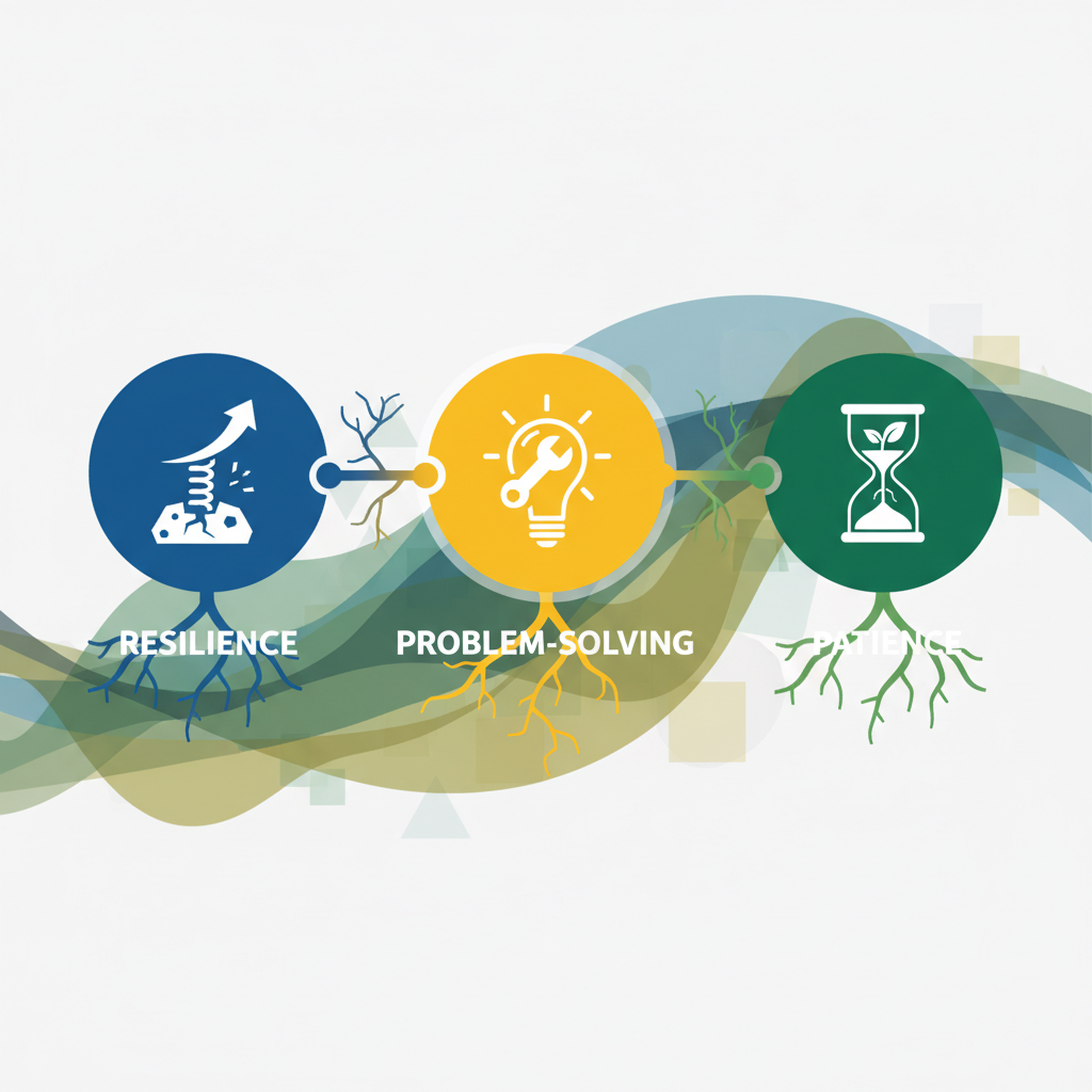 A detailed illustration showing three interconnected concepts: resilience, problem-solving, and patience. Each concept is represented by a unique, simple icon or visual metaphor (e.g., a springing arrow for resilience, a lightbulb for problem-solving, an hourglass for patience), all unified by a flowing, artistic background that suggests growth and interconnectedness. Style: clean infographic, modern layout, high contrast.