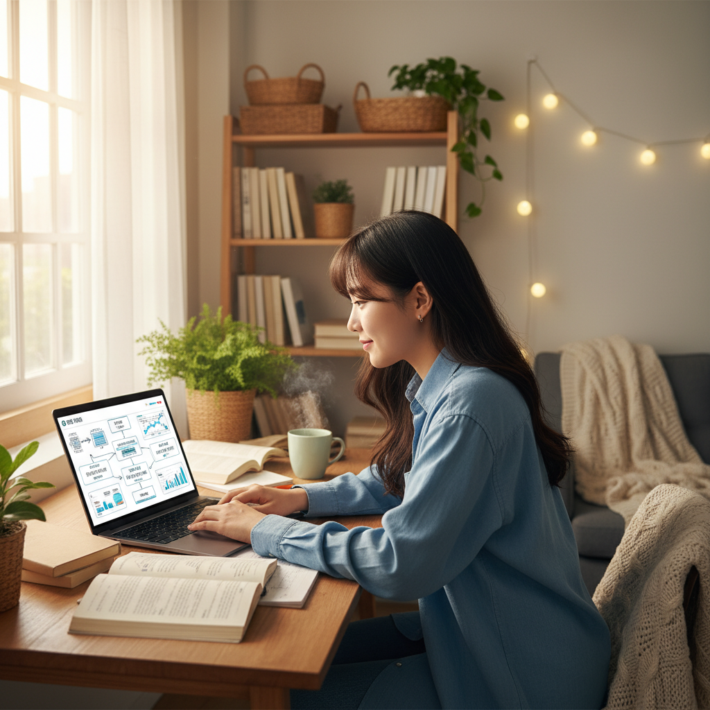A hopeful Korean individual sits at a desk, researching various housing policies and affordable housing options on a laptop, with a warm and inviting light illuminating the scene. The background shows a cozy, well-organized living space. lifestyle photography, natural setting.
