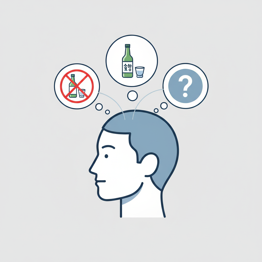 An illustration of a Korean person's head with thought bubbles showing conflicting ideas about drinking. One bubble has a 'no alcohol' symbol, another has a small glass of soju, and a third has a question mark, all representing ambiguity. Clean infographic style, no text.