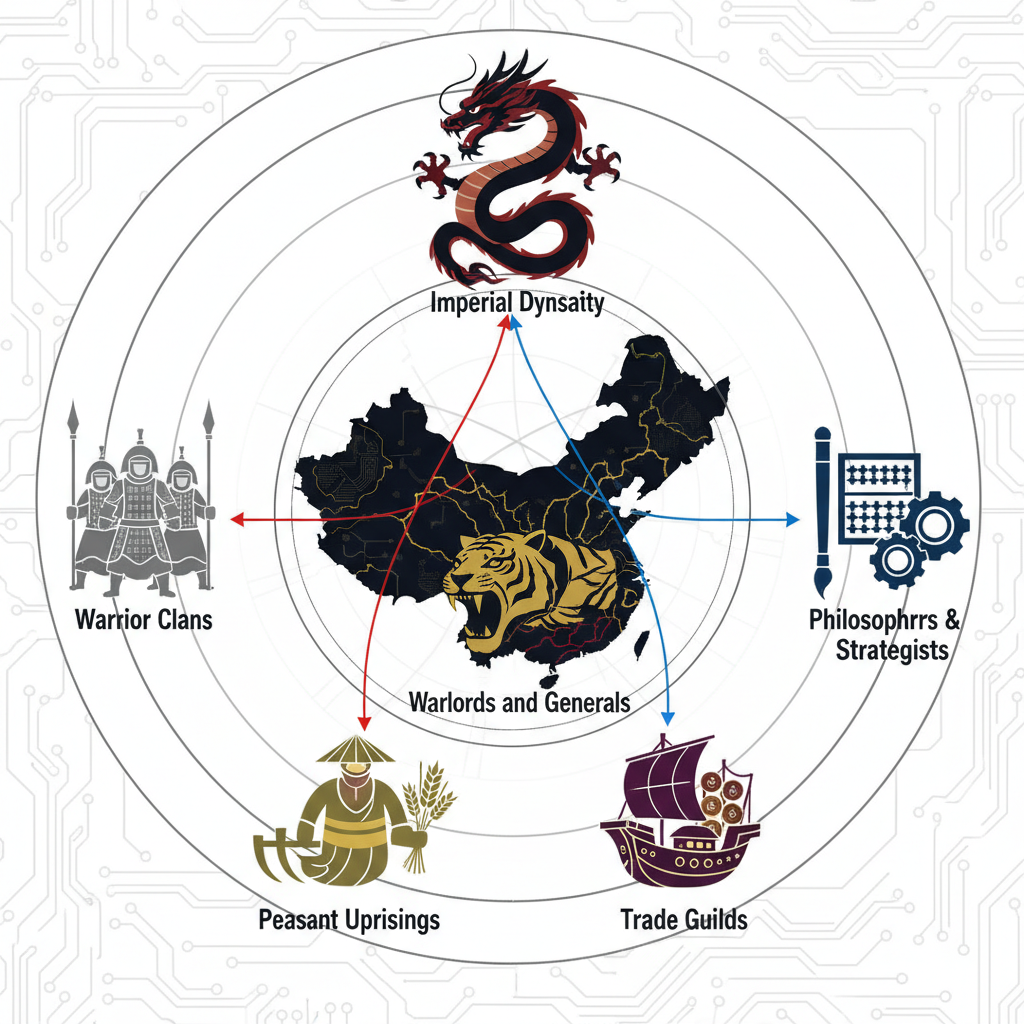 An infographic-style illustration showing different factions and forces within ancient China, represented by distinct symbols or figures, engaging in political and military struggles. Style: clean infographic, modern layout, high contrast. No text.