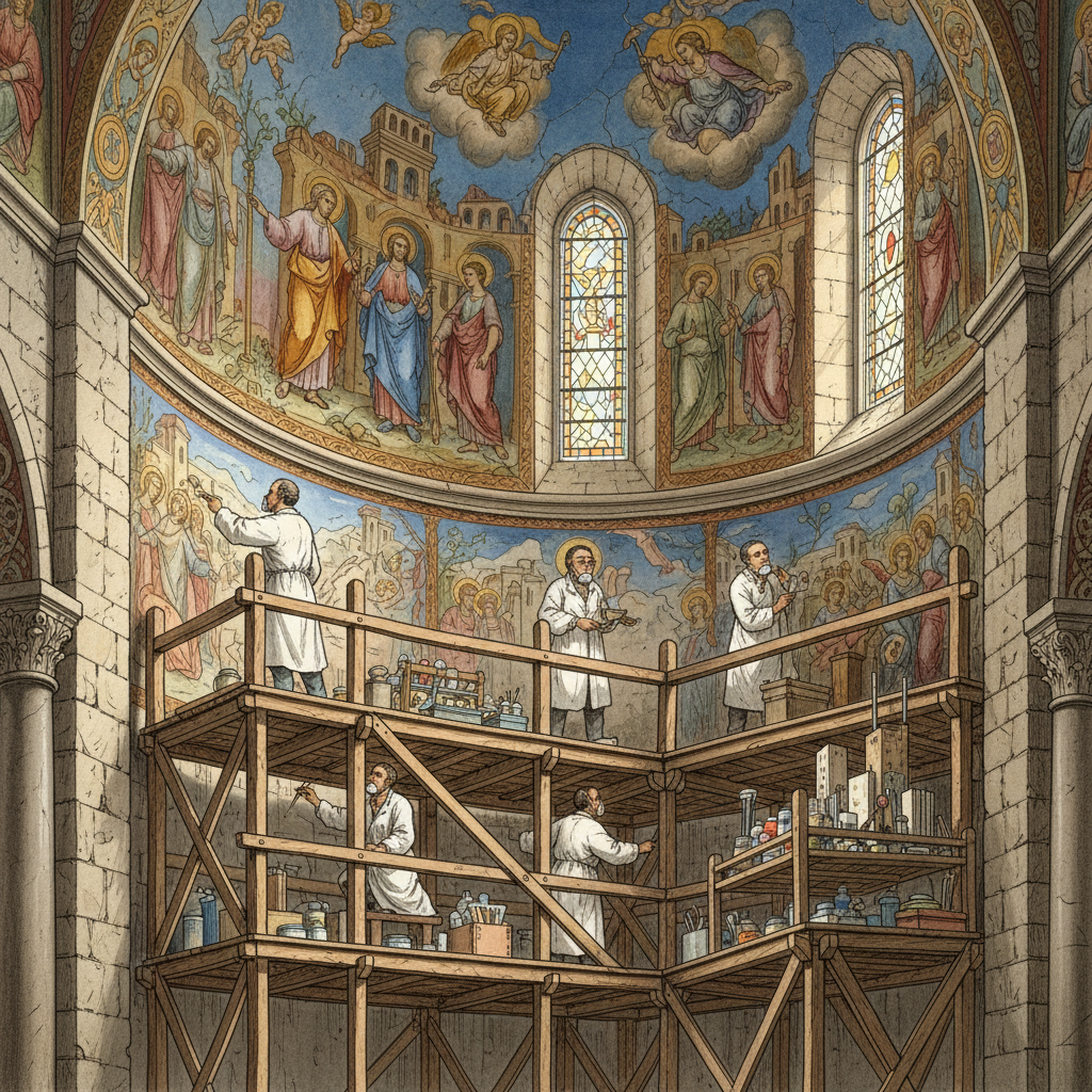 Detailed illustration of art conservators carefully restoring ancient frescoes inside a church, showing delicate brushstrokes and tools, historical illustration, artistic rendering, textured background, bright and balanced lighting. No visible text in image.