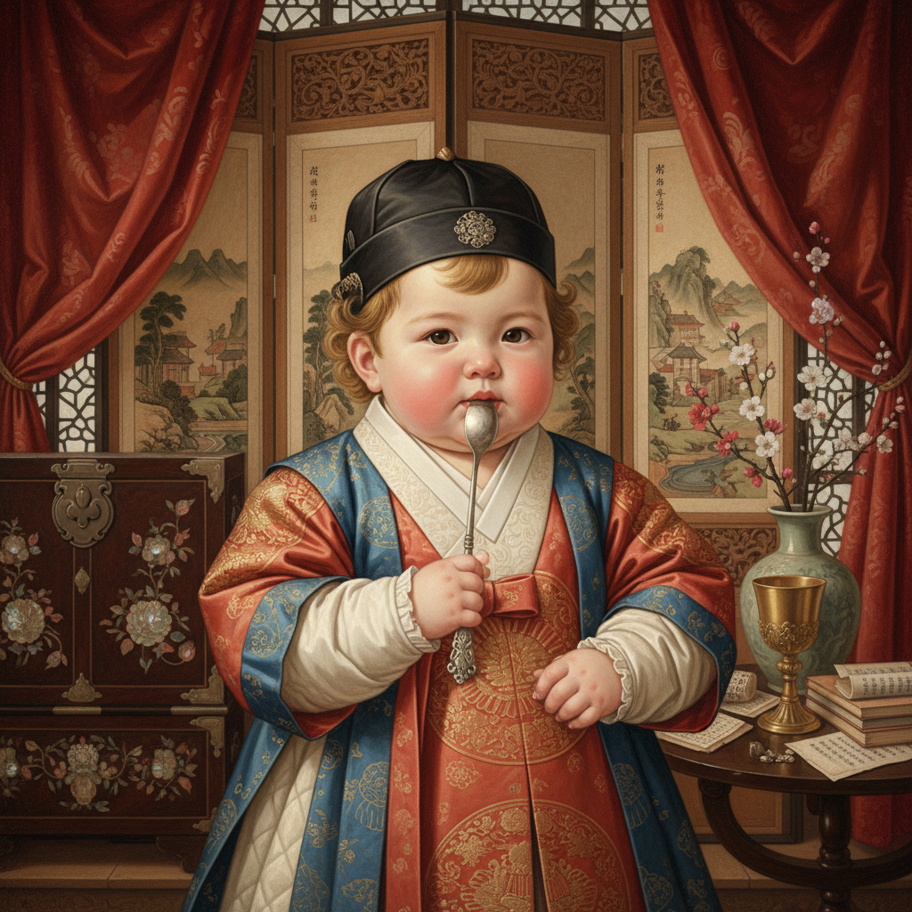 An illustration depicting a Korean noble baby from the Joseon Dynasty, stylized similarly to a medieval European baby, holding a delicate silver spoon in its mouth. The background suggests a wealthy family setting with traditional Korean elements. Style: illustration. No text.
