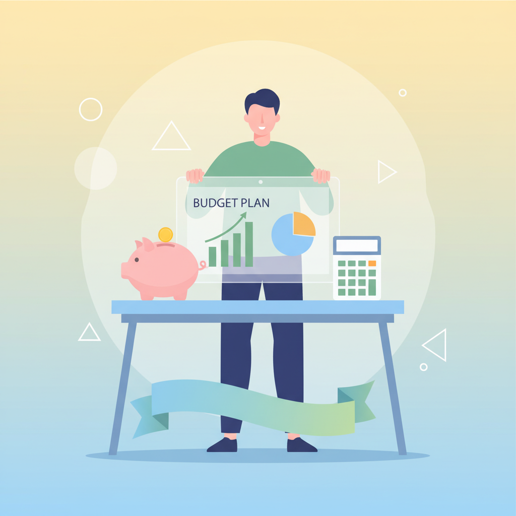 A stylized illustration of a person confidently organizing their finances, with a visible budget plan, a piggy bank, and a calculator on a table. The atmosphere is hopeful and organized. Style: clean infographic, modern layout, high contrast. No visible text. Colored background.