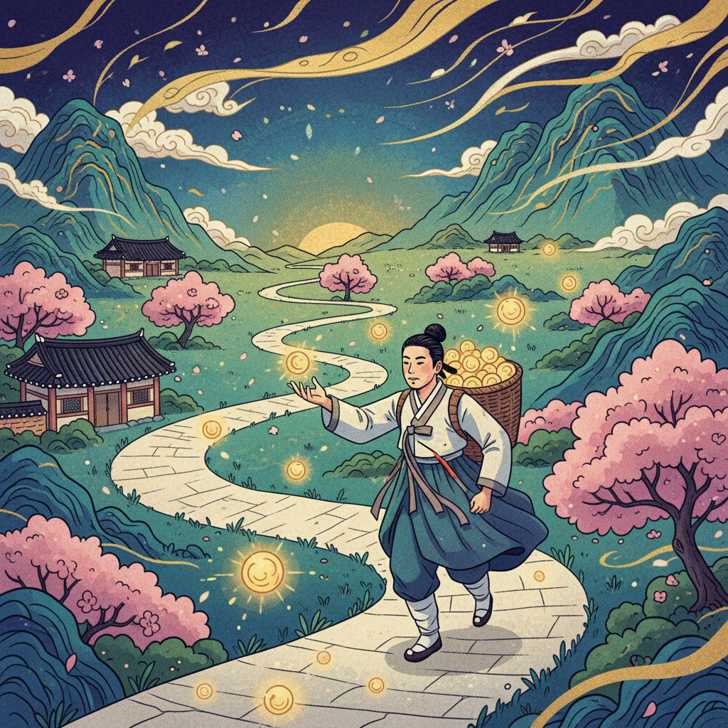 An illustration depicting a winding path through a landscape, with a Korean figure confidently navigating, collecting small glowing treasures (opportunities) along the way. Style: illustration, artistic rendering, textured background. No text. Colored background, minimal empty space.