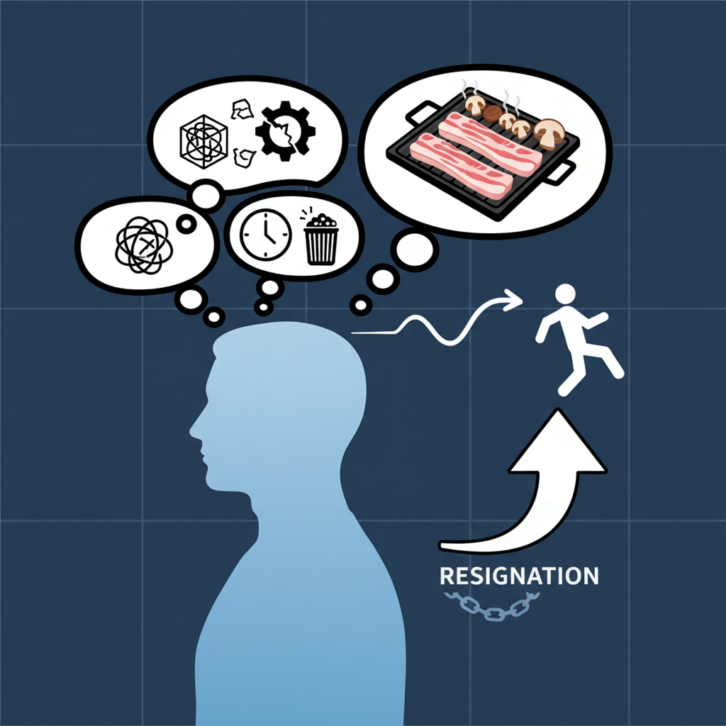 Clean infographic showing a person's silhouette with thought bubbles containing work-related stress symbols and a thought bubble with a samgyeopsal grill and "resignation" idea. Modern layout, high contrast, no visible text.