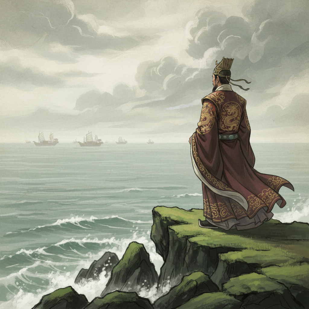 Emperor Qin Shi Huang in ancient Chinese attire, standing on a rocky coastline, gazing out at a vast, misty ocean. His ships are in the distance, symbolizing his search for immortality herbs. Style: illustration, artistic rendering, textured background. No text.