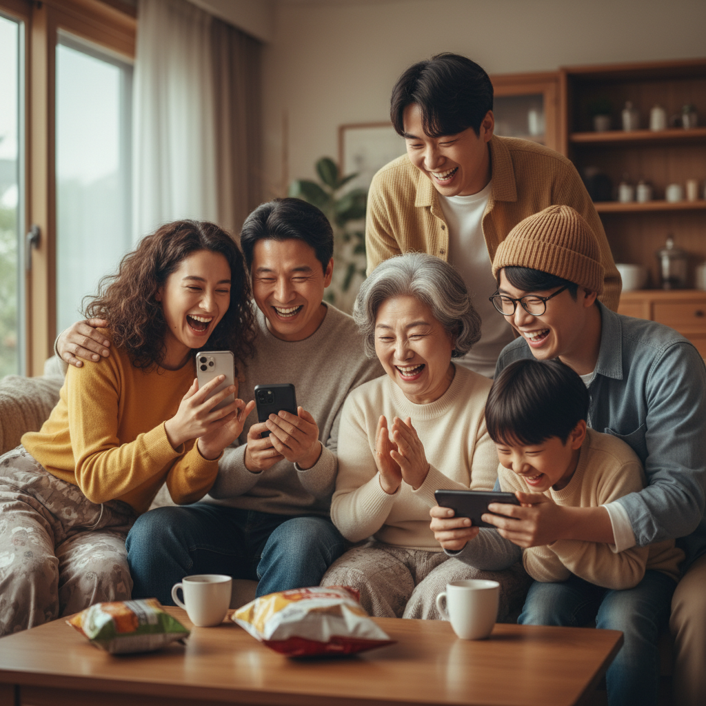 A heartwarming and realistic lifestyle photography of diverse Korean people, from different age groups, laughing and sharing their phones while looking at internet memes. Emphasize genuine connection and shared joy, with soft, natural lighting in a cozy setting. No text.