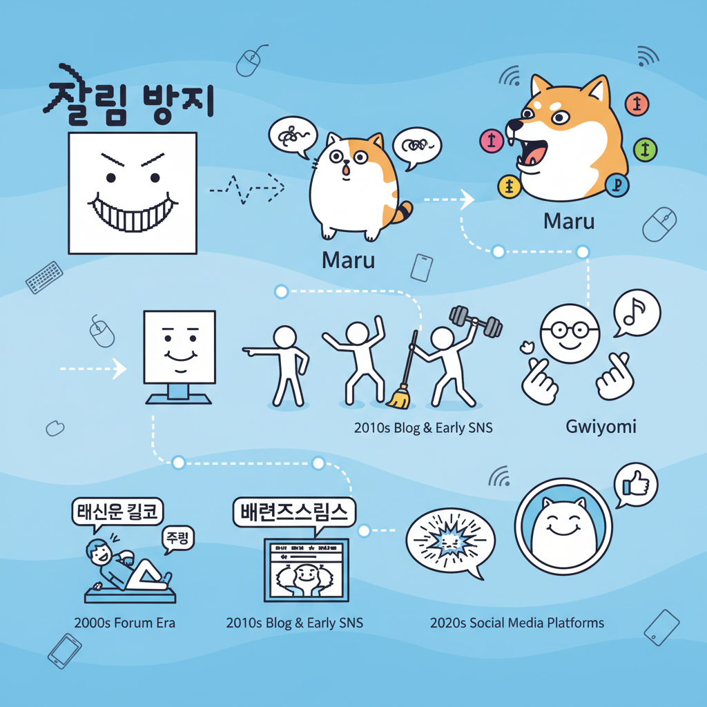 An illustrative timeline of internet memes, starting from early 2000s forum culture to modern social media. Show a stylized "짤림 방지" image evolving into various famous Korean memes, with a sense of humor and historical progression. The style is like a clean infographic with playful elements, no text.