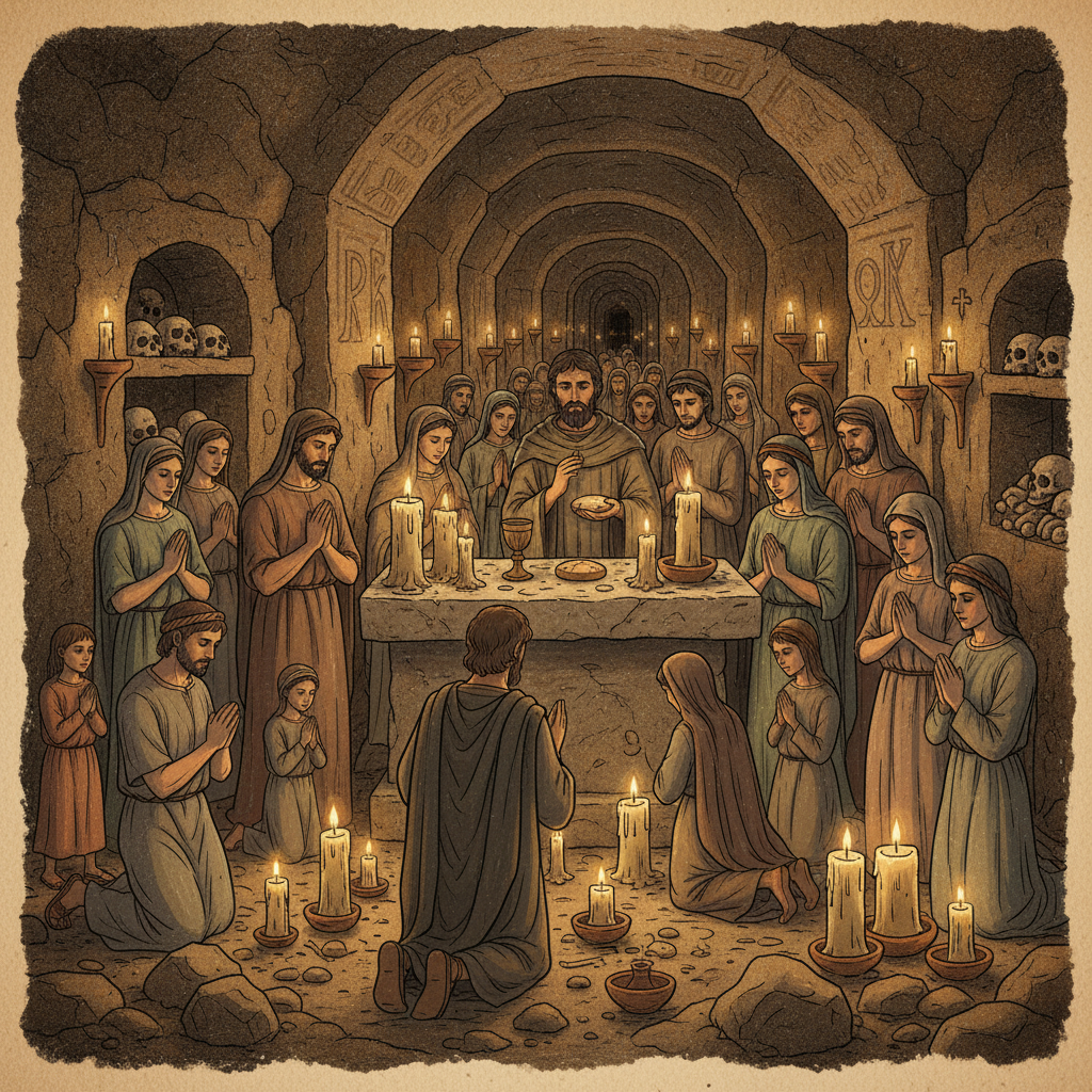 A hidden gathering of early Christians worshipping discreetly in a candlelit catacomb, with hushed reverence and simple, unadorned surroundings, emphasizing a sense of secrecy and danger. Style: illustration, artistic rendering, textured background. No visible text in image. Never use Korean characters. Bright, balanced lighting. Centered focus, visually rich, no empty margins.