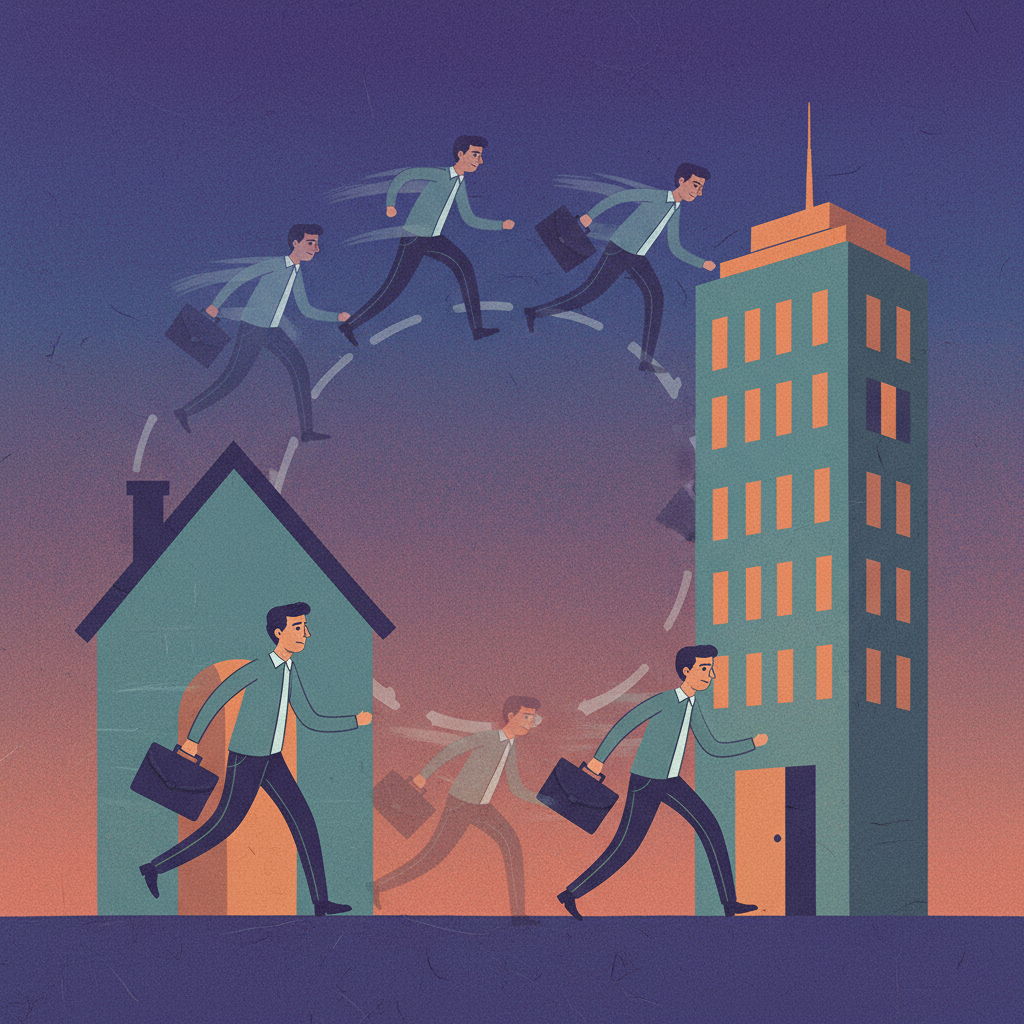 A person with a slightly weary expression, repeatedly performing the actions of leaving home and entering an office building in a loop. The scene is depicted with subtle motion blur to emphasize repetition. Style: illustration, artistic rendering, textured background. Colored background, no text.