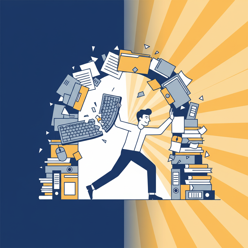 A person creatively breaking free from a metaphorical chain or barrier made of office items like keyboards and files, looking towards a bright, open future with a determined smile. Style: clean infographic, modern layout, high contrast. Colored background, no text.