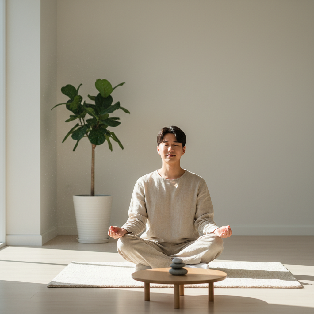 A young Korean job seeker practicing mindfulness or meditation in a peaceful, minimalist room. The person looks calm and composed, with soft, natural lighting creating a serene atmosphere. This image should convey a sense of mental well-being and stress relief. Style: lifestyle photography. No text.