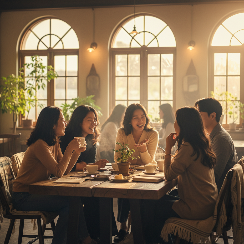 Group of Korean friends in their 30s gathered around a wooden table in a warm cafe, engaging in heartfelt conversation, natural expressions of joy and trust, golden hour lighting through large windows, lifestyle photography, warm color palette, bokeh effect background, no text