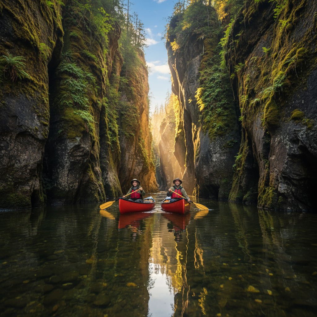 Two adventurers in a red canoe paddling through a deep, mossy canyon on the Nahanni River. The water is calm, reflecting the towering, ancient rock formations and dense green foliage along the banks. Sunlight filters down, creating a serene and adventurous atmosphere. Style: lifestyle photography, natural setting. No text.