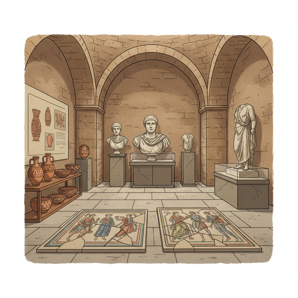 illustration, artistic rendering, textured background of the interior of a museum in Carthage, showcasing ancient artifacts, pottery, and sculptures from Phoenician and Roman periods. Style: clean and informative, no text, bright balanced lighting, centered focus, full frame.