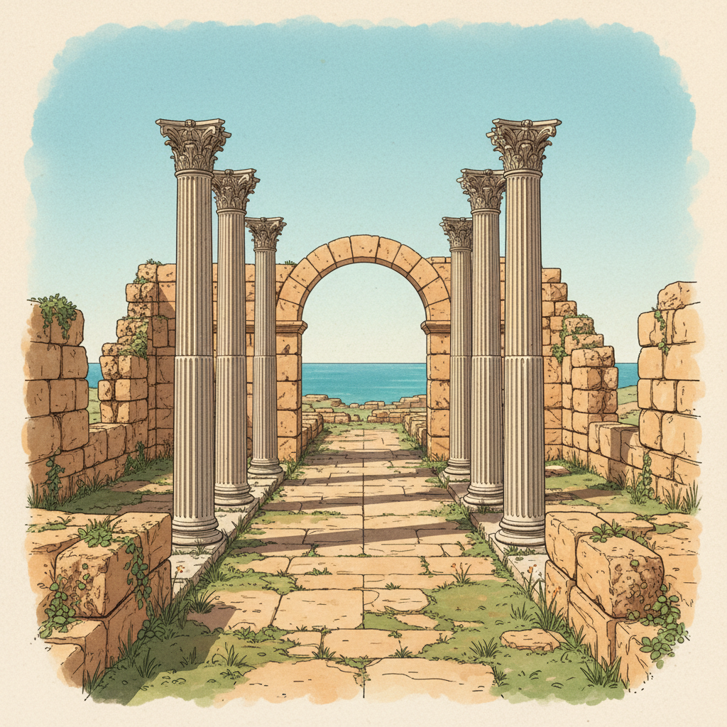 illustration, artistic rendering, textured background of ancient ruins at Carthage, featuring columns, arches, and remnants of buildings under a clear sky. Style: historical and detailed, no text, bright balanced lighting, centered focus, full frame.