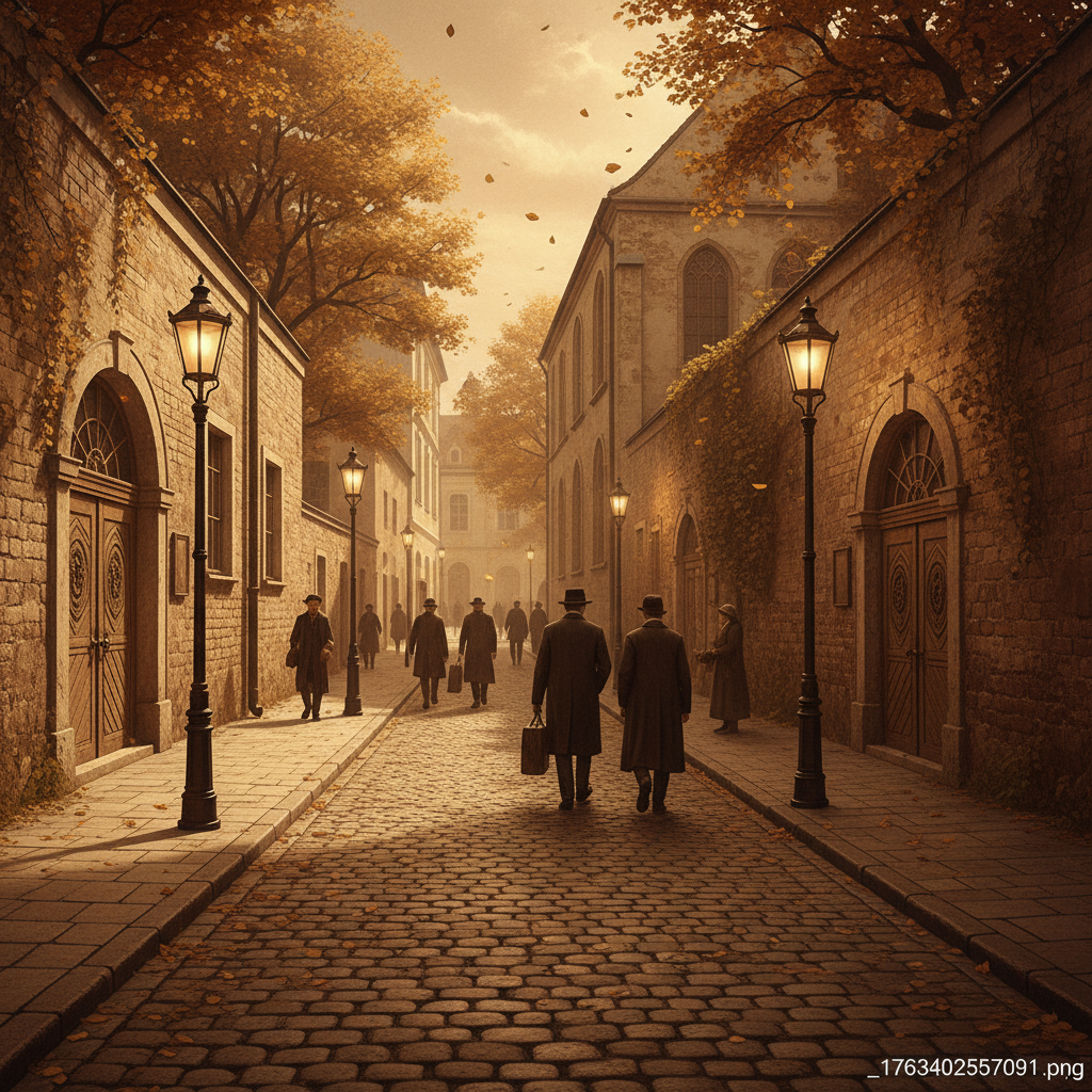 Historic Jewish Quarter street in Kazimierz with old synagogue facades, vintage street lamps, autumn trees with falling leaves, people walking on aged cobblestones, warm afternoon light creating long shadows, nostalgic atmosphere with sepia and warm brown tones, textured brick walls and aged wooden doors, artistic rendering with historical ambiance.