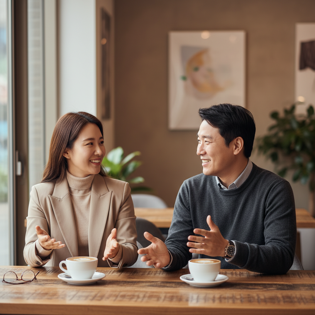 Two Korean professionals having relaxed conversation at modern cafe during lunch break, casual business attire, warm cozy atmosphere with coffee cups on wooden table, natural window lighting, gradient brown and cream background, genuine smiles and friendly gestures, lifestyle photography