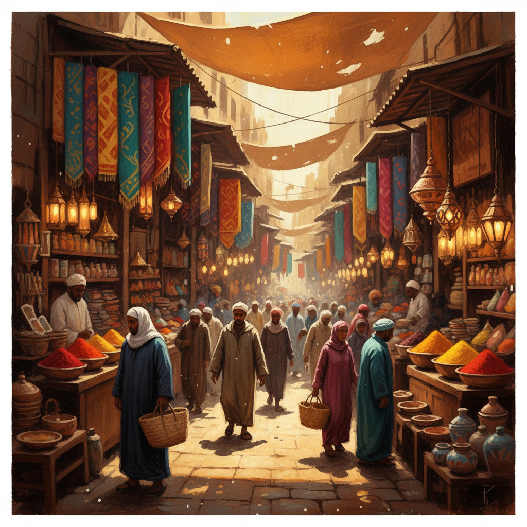 An artistic rendering of the vibrant Khan el-Khalili market in Historic Cairo, filled with stalls displaying colorful textiles, spices, and handmade crafts. People are bustling through the narrow alleys, creating a lively atmosphere. The illustration should have a textured, warm background, capturing the market's energy. No visible text, centered focus, full frame. Style: illustration, artistic rendering, textured background.