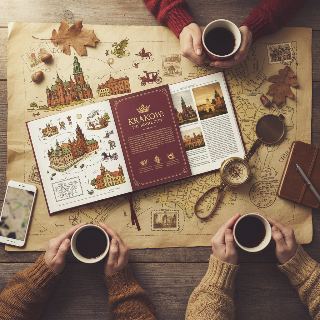 Travel guide concept showing Krakow tourist attractions with illustrated map elements, vintage compass, historic landmarks silhouettes, warm coffee shop scene with travelers planning route, cozy autumn atmosphere with golden and burgundy color palette, textured paper background with travel stamps aesthetic, lifestyle photography style with natural warm lighting.