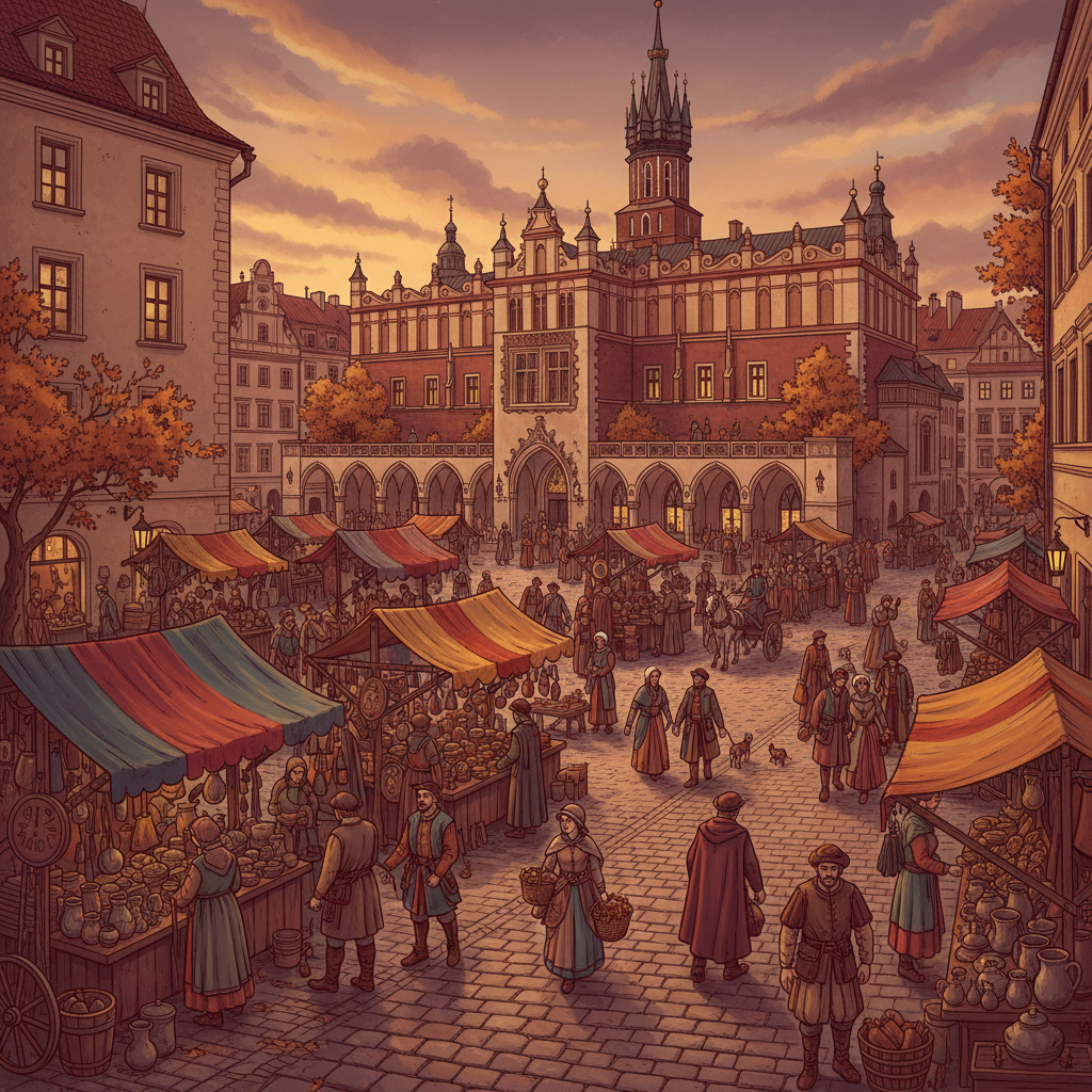 Vibrant medieval market square in Krakow with colorful merchant stalls, people walking on cobblestones, Gothic Cloth Hall building in center, surrounding historical facades with warm lighting, lively atmosphere with autumn foliage, rich burgundy and golden tones, textured stone pavement, artistic illustration style with depth and detail.
