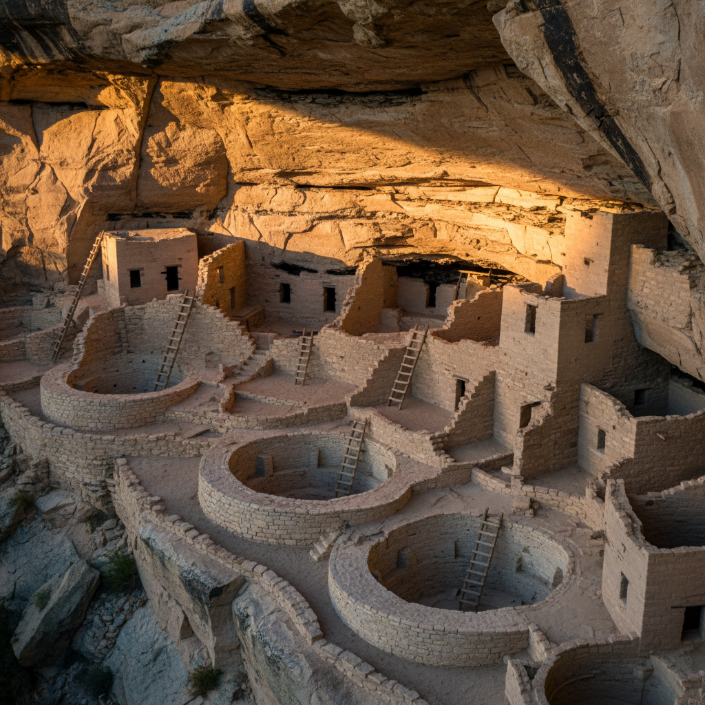 Close-up architectural detail of Cliff Palace showing multi-level stone masonry rooms, circular kiva structures, wooden ladder elements, T-shaped doorways characteristic of Puebloan design, textured sandstone walls with original mortar, golden hour lighting creating dramatic shadows, archaeological preservation visible in the ancient stonework