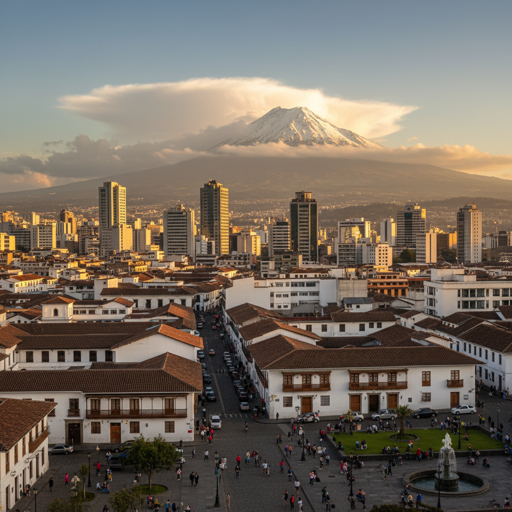 Stunning cityscape of Quito with white colonial buildings in foreground, modern skyscrapers in new town, snow-capped Cotopaxi volcano in distant background, dramatic clouds, late afternoon golden light, urban landscape photography, depth and layers, vibrant city life, no text