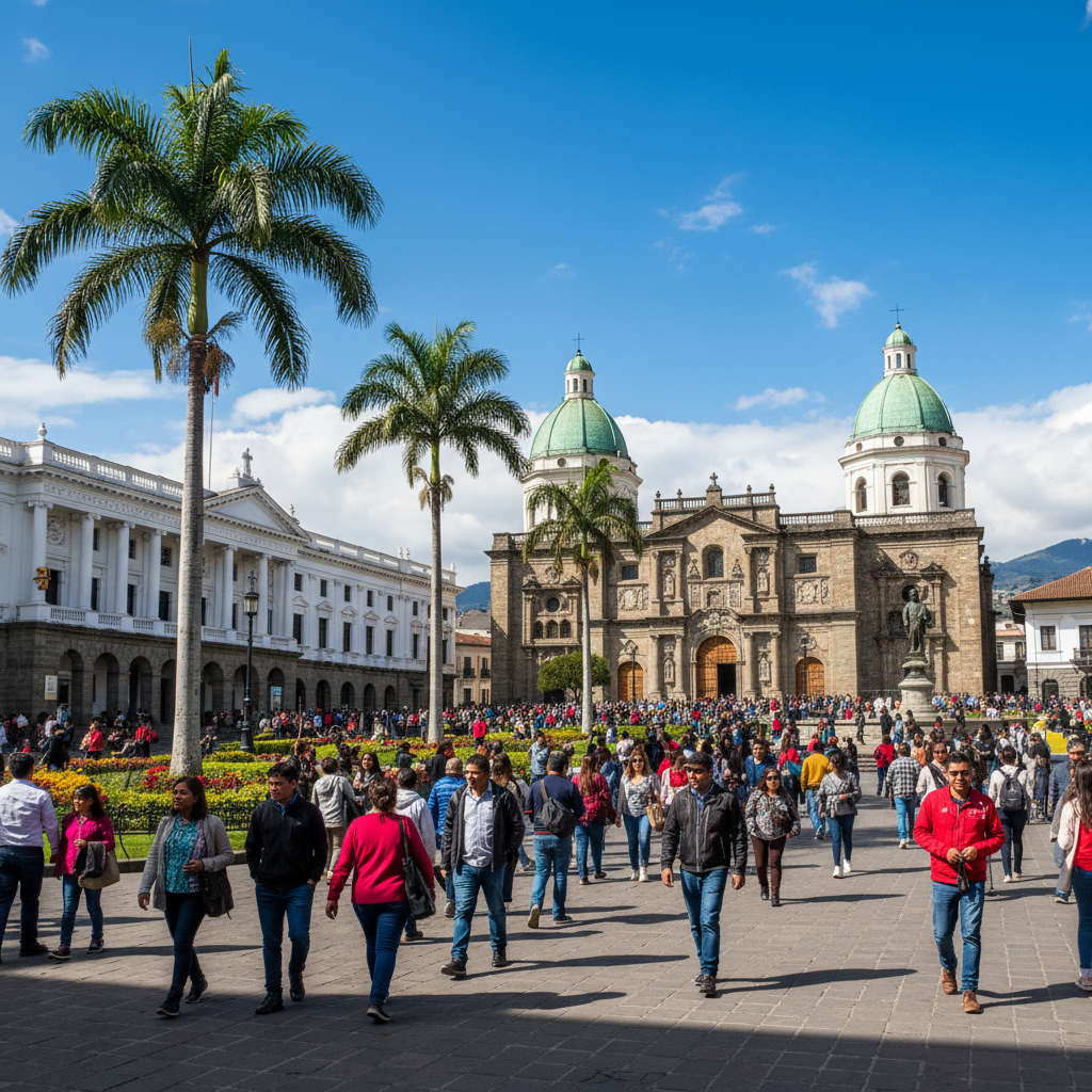 Historic Plaza Grande in Quito with colonial-era cathedral featuring green domes, presidential palace with neoclassical columns, local people walking, palm trees, blue sky, architectural photography style, vibrant atmosphere, detailed stonework, no text