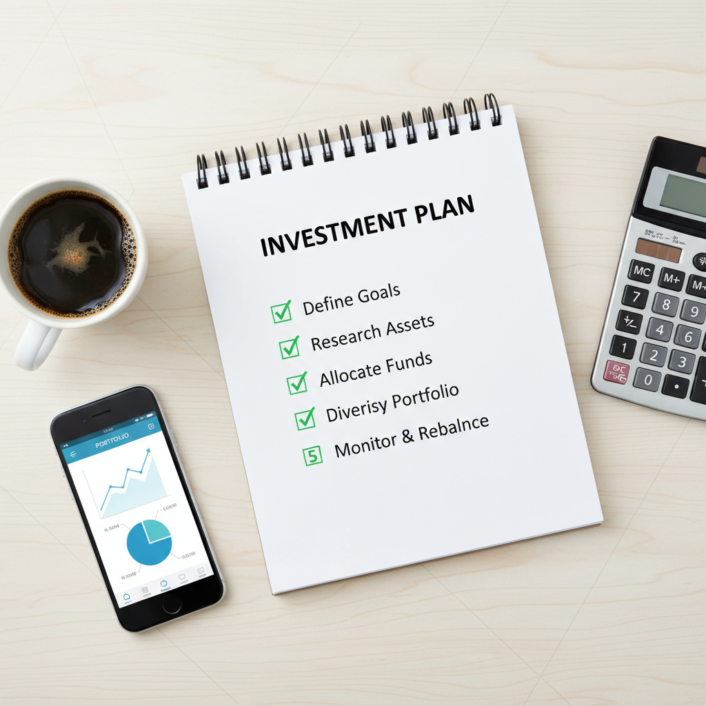 Organized workspace with notebook showing investment plan checklist, calculator, coffee, and smartphone with investment app, top-down view, clean infographic style, bright professional lighting, no text