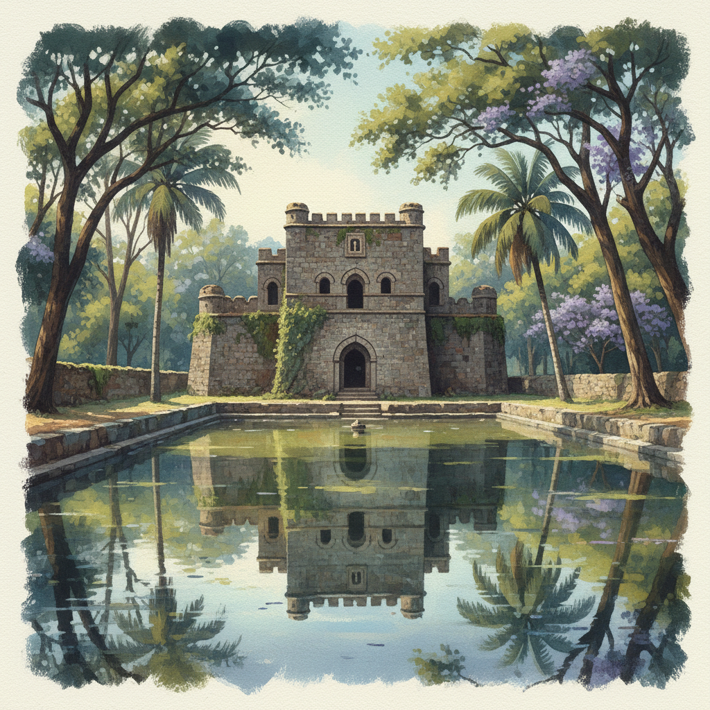 An artistic rendering illustration of Fasilides' Bath in Gondar, Ethiopia, featuring the calm pool of water reflecting the ancient stone structure and surrounding trees. The atmosphere is serene and historical, with a textured background. No text, soft and natural lighting.