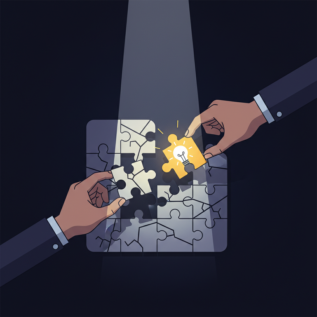 Hands putting together puzzle pieces, symbolizing finding solutions in a difficult situation. The background is dark with a focused beam of light on the hands. Style: clean infographic, modern layout, high contrast. No text.