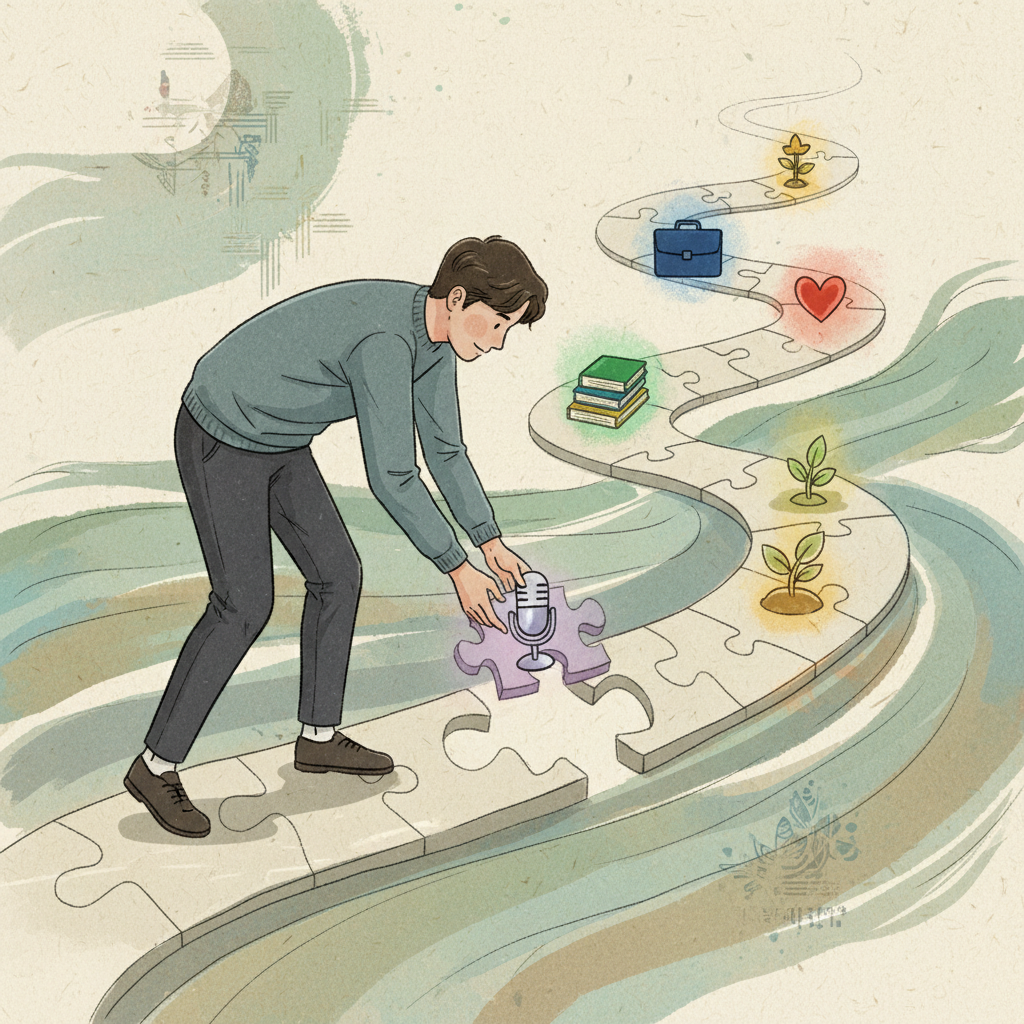 An illustrative scene of a Korean individual carefully placing a puzzle piece onto a larger, incomplete career path. The pieces represent different job opportunities and personal values. Style: illustration, artistic rendering, textured background. No visible text.