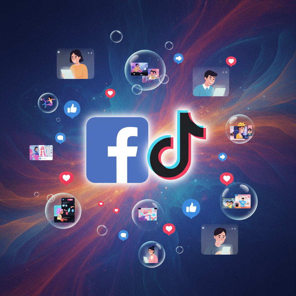 A creative illustration showing the Facebook logo seamlessly merging with the TikTok logo, symbolizing a combined entity. Around them, various short-form video content bubbles and user interaction icons float, representing a powerful new media ecosystem. Artistic rendering, textured background, bright balanced lighting, no text. Korean appearance people watching content on screens in background, natural expressions. Centered focus, visually rich.