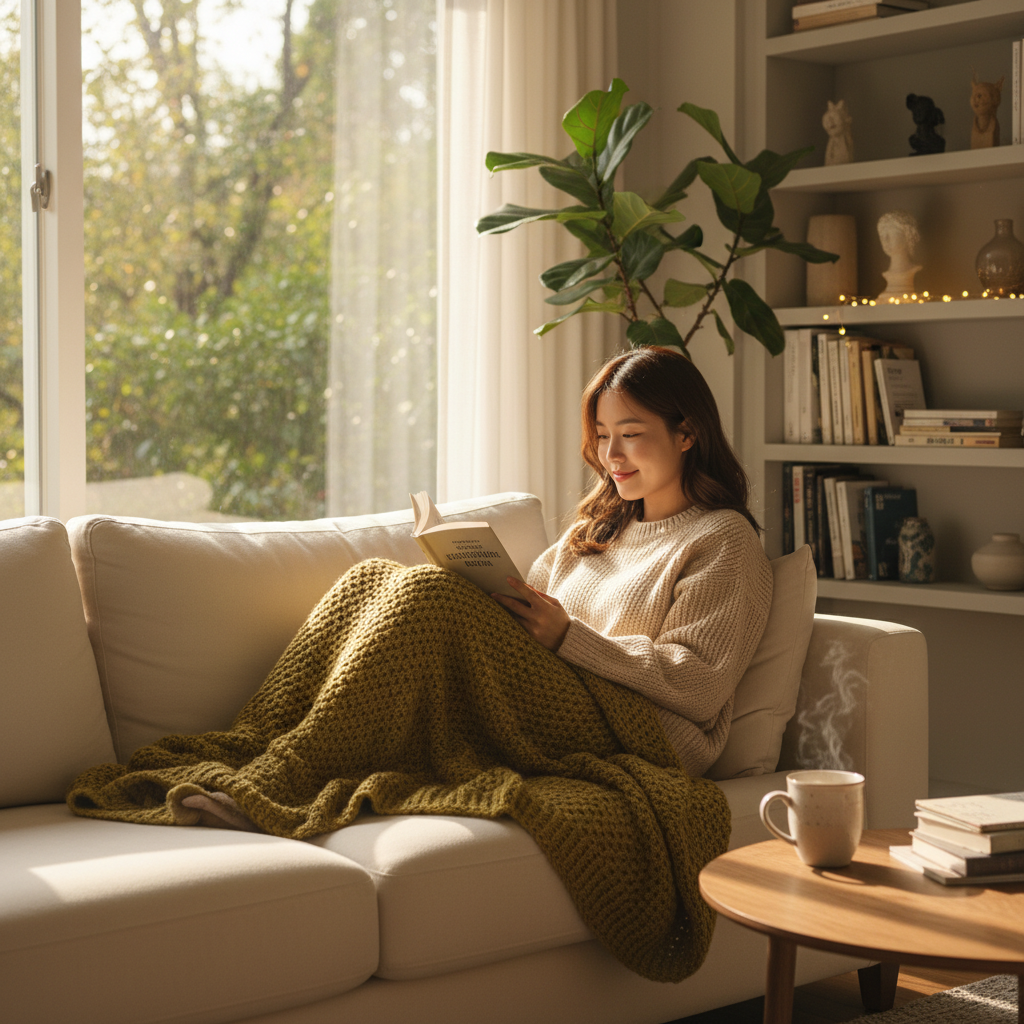 A cozy indoor scene where a Korean person is engaging in a personal "true happiness" routine, such as reading a book on a comfortable couch, doing gentle stretches, or enjoying a mindful moment. Warm, inviting lighting, lifestyle photography, natural setting. No text.