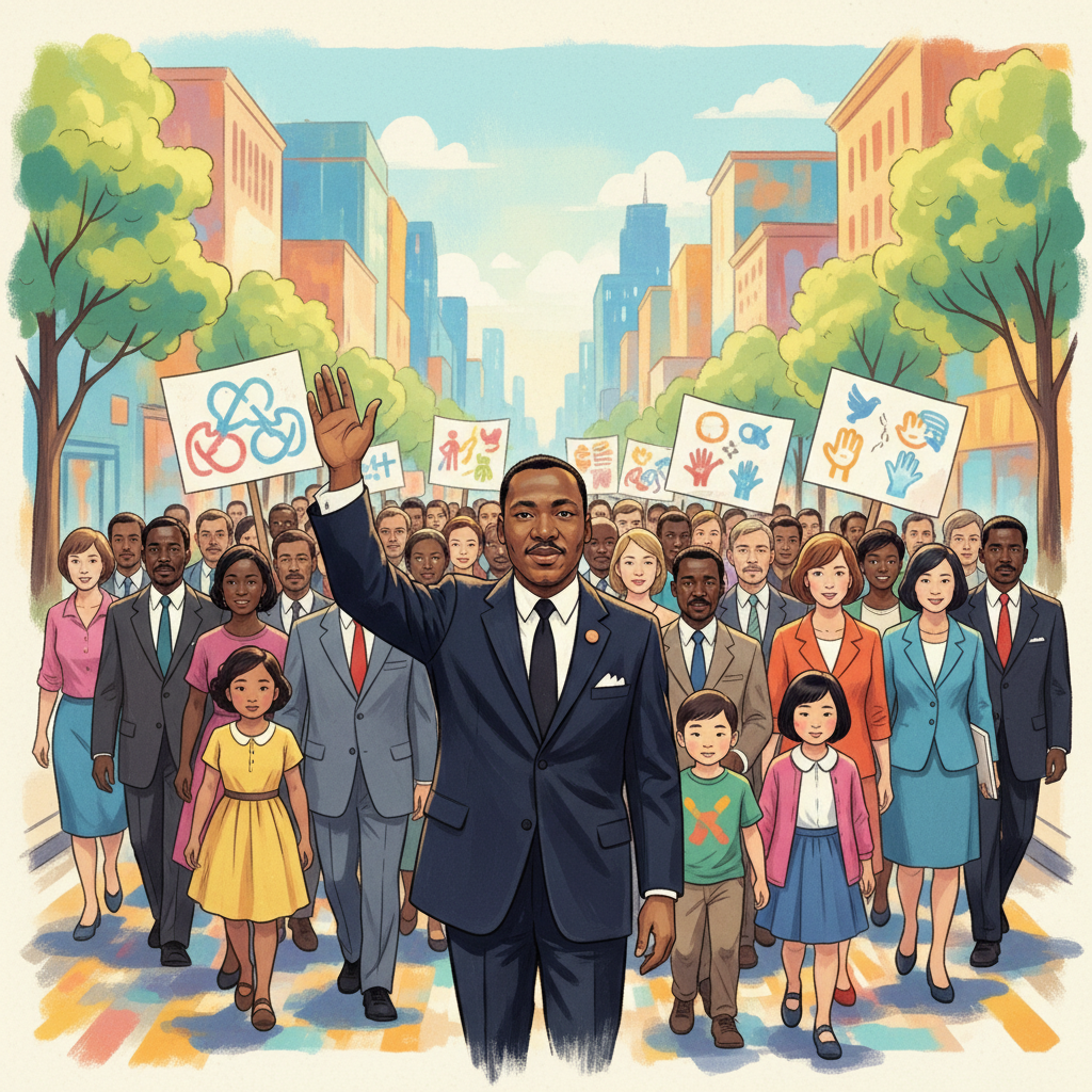 An illustration depicting Martin Luther King Jr. leading a diverse group of people in a peaceful march. The atmosphere is hopeful and determined, with banners subtly hinting at civil rights. Style: illustration, artistic rendering, textured background. Colored background, bright, balanced lighting. No visible text in image. No Korean characters.