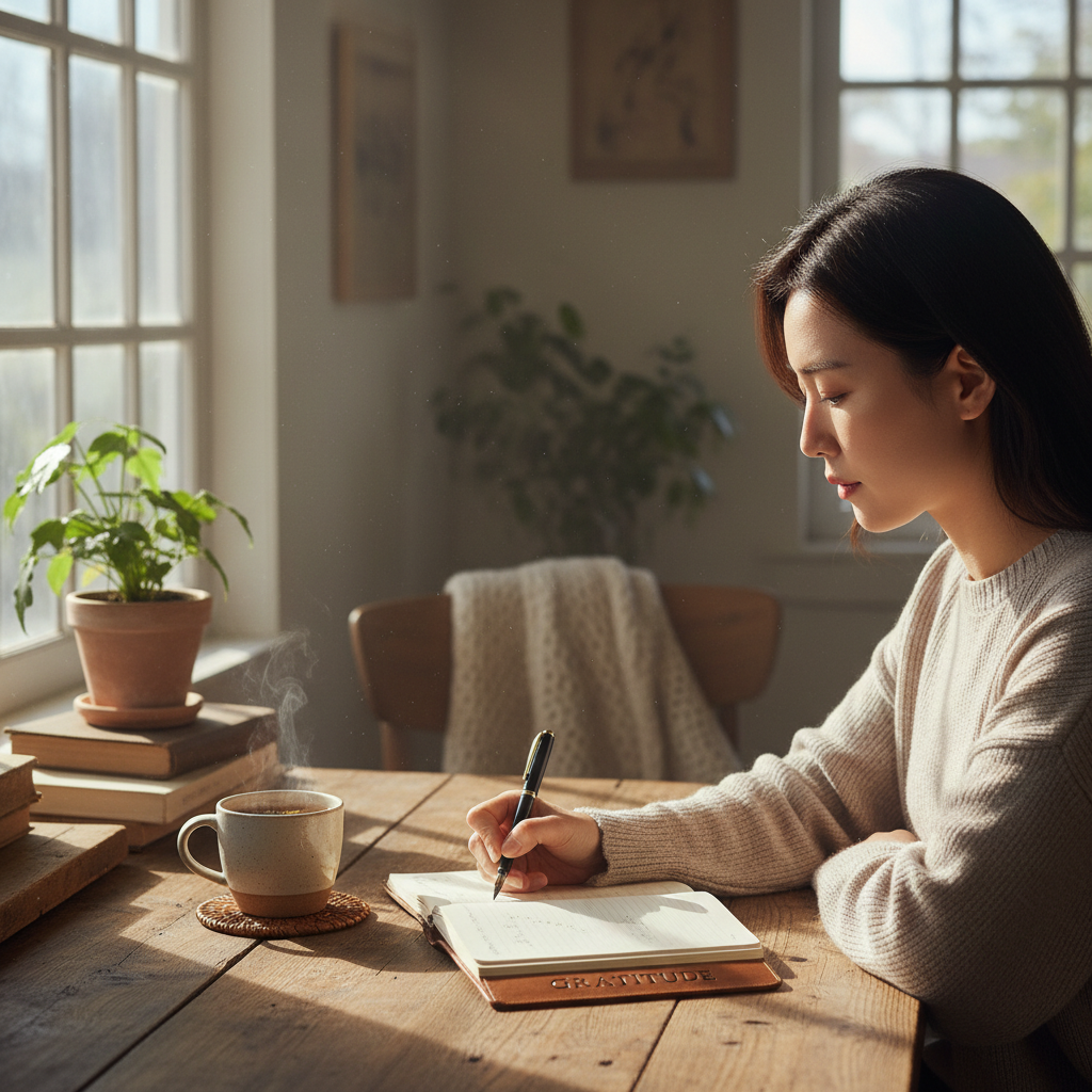 A Korean person thoughtfully writing in a gratitude journal, with a warm cup of tea beside them. Sunlight streams in through a window. The atmosphere is calm and reflective. Lifestyle photography, natural setting. No text.