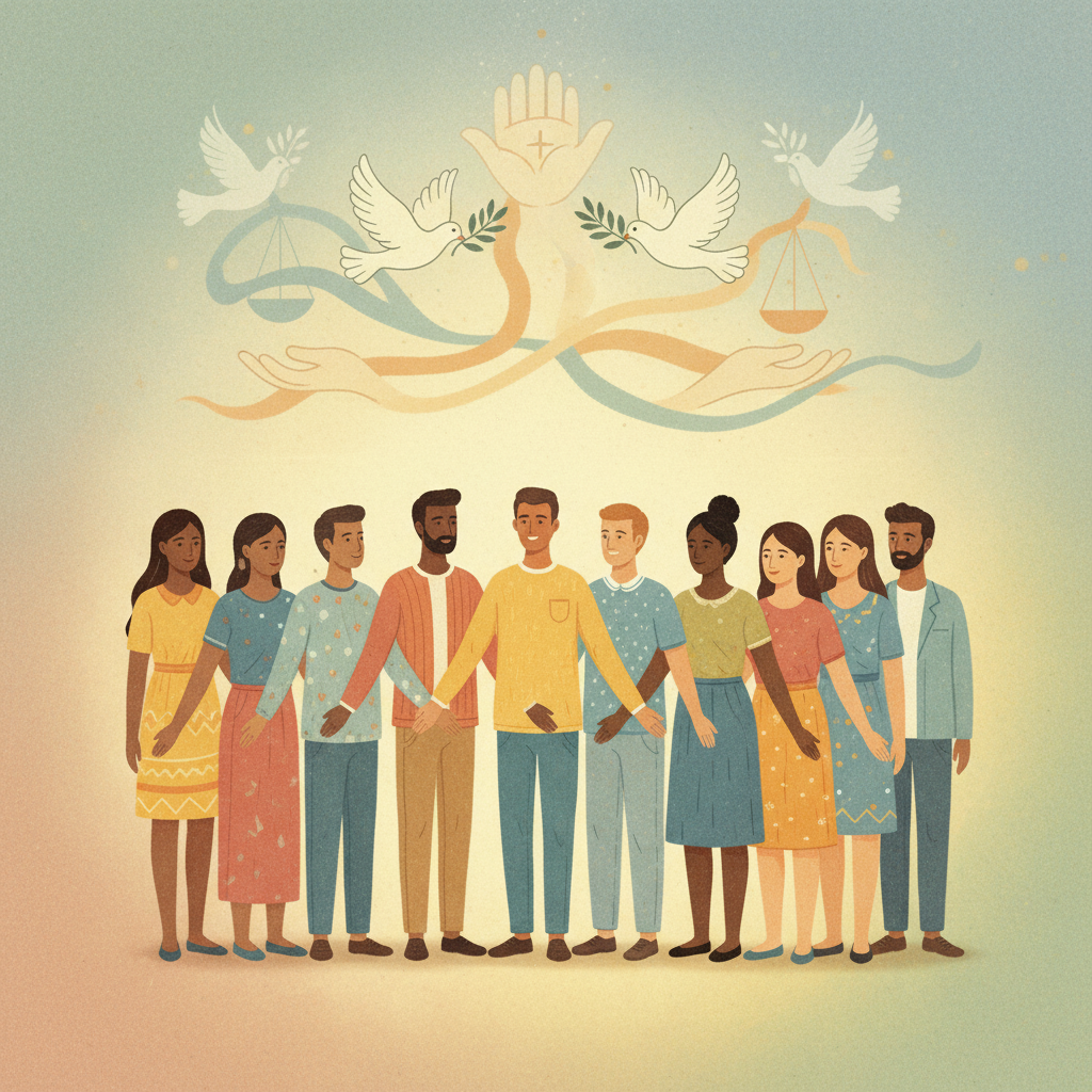 A poignant illustration of a diverse group of people standing together, symbolizing peace, human rights, and solidarity. The figures are rendered in a slightly abstract, hopeful style, with hands clasped or arms around shoulders. Warm, inviting lighting against a soft, gradient background. Style: illustration, artistic rendering, textured background. No text, centered focus, full frame.