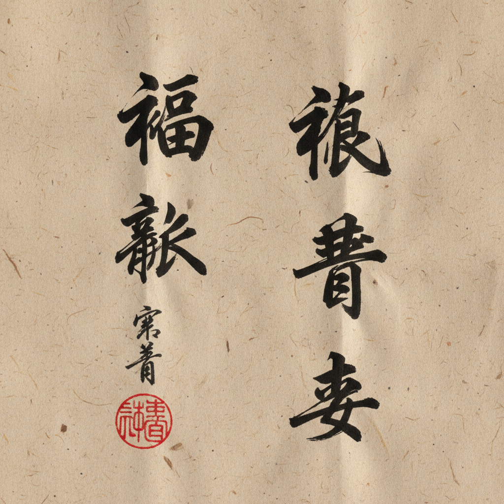 Traditional East Asian calligraphy art showing four Chinese characters in elegant black ink on textured beige paper background, artistic brush strokes with subtle red seal stamp, soft natural lighting, cultural heritage aesthetic, rich colors and details, no text overlay