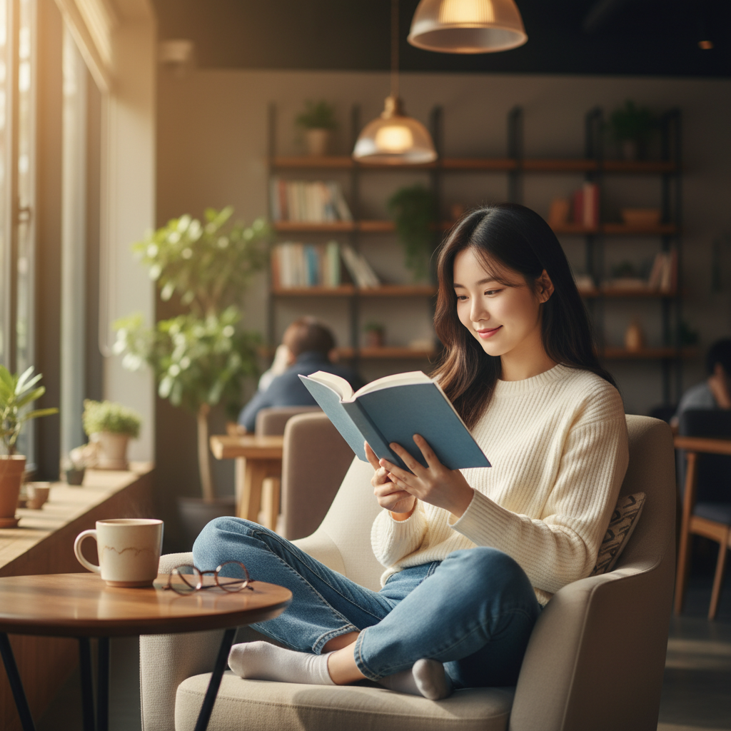 A young Korean woman sitting comfortably in a bright, modern cafe, reading a physical book with a content expression. She is surrounded by a warm, inviting atmosphere with blurred coffee shop elements in the background. The scene emphasizes quiet enjoyment and personal space. Style: lifestyle photography, warm lighting, natural setting, with no empty margins. No text.