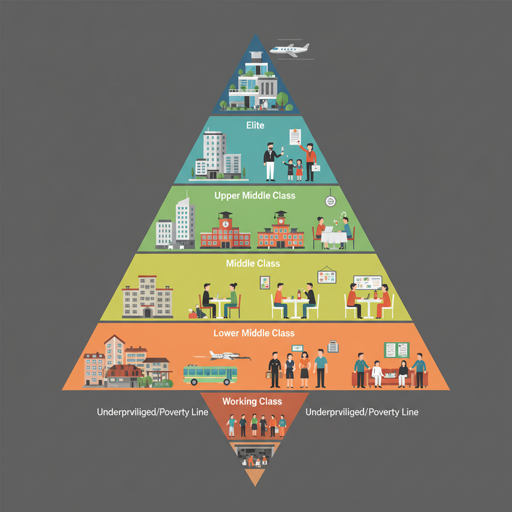 A clean infographic illustration depicting Korean social hierarchy pyramid with different levels, showing economic disparity through visual elements like housing, education, and lifestyle differences. Modern design, clear visualization, no text.