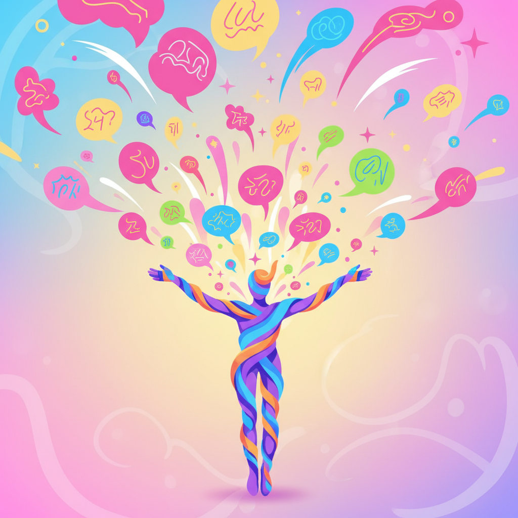 An illustration of vibrant speech bubbles and thought clouds containing various trending Korean slang terms and exclamations related to excitement, joy, and strong emotions, flowing outwards from a central, abstract figure representing a person. The style is modern and lively, using bright colors. No text.
