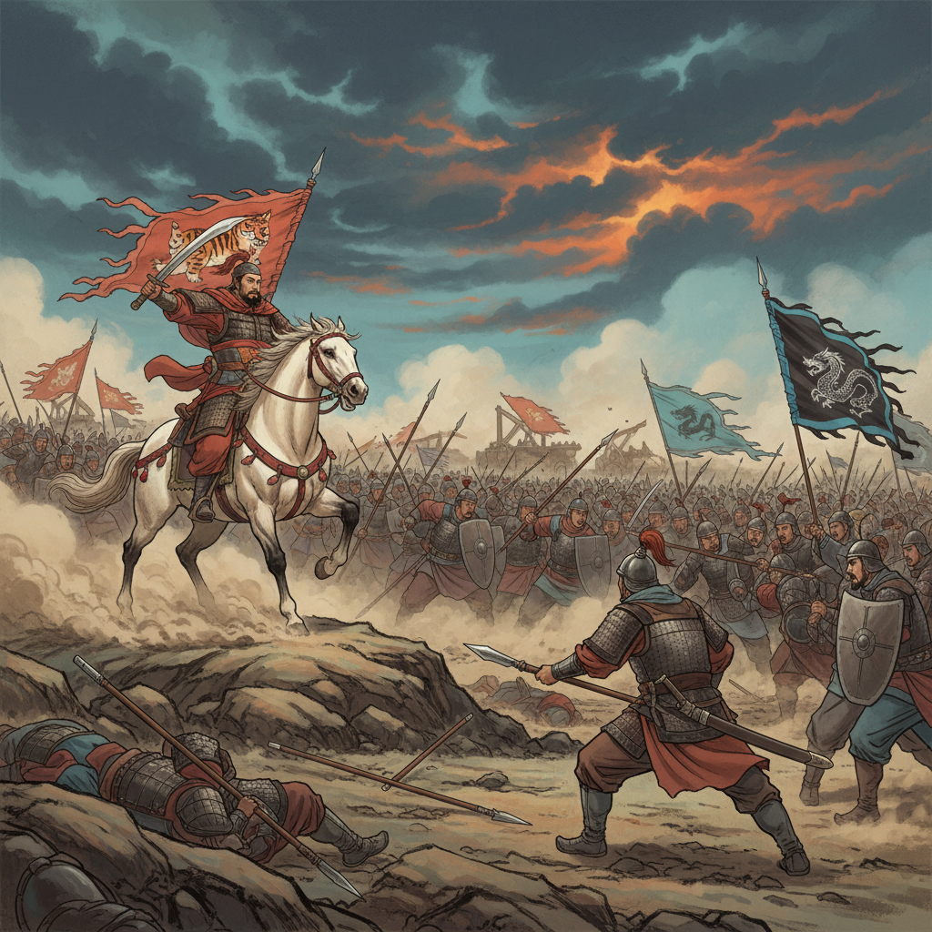 A dynamic illustration depicting Han Xin leading an army against Liu Bang's forces. The scene is full of action and tension, with ancient Chinese soldiers clashing on a battlefield. Style: illustration, artistic rendering, textured background. No text.