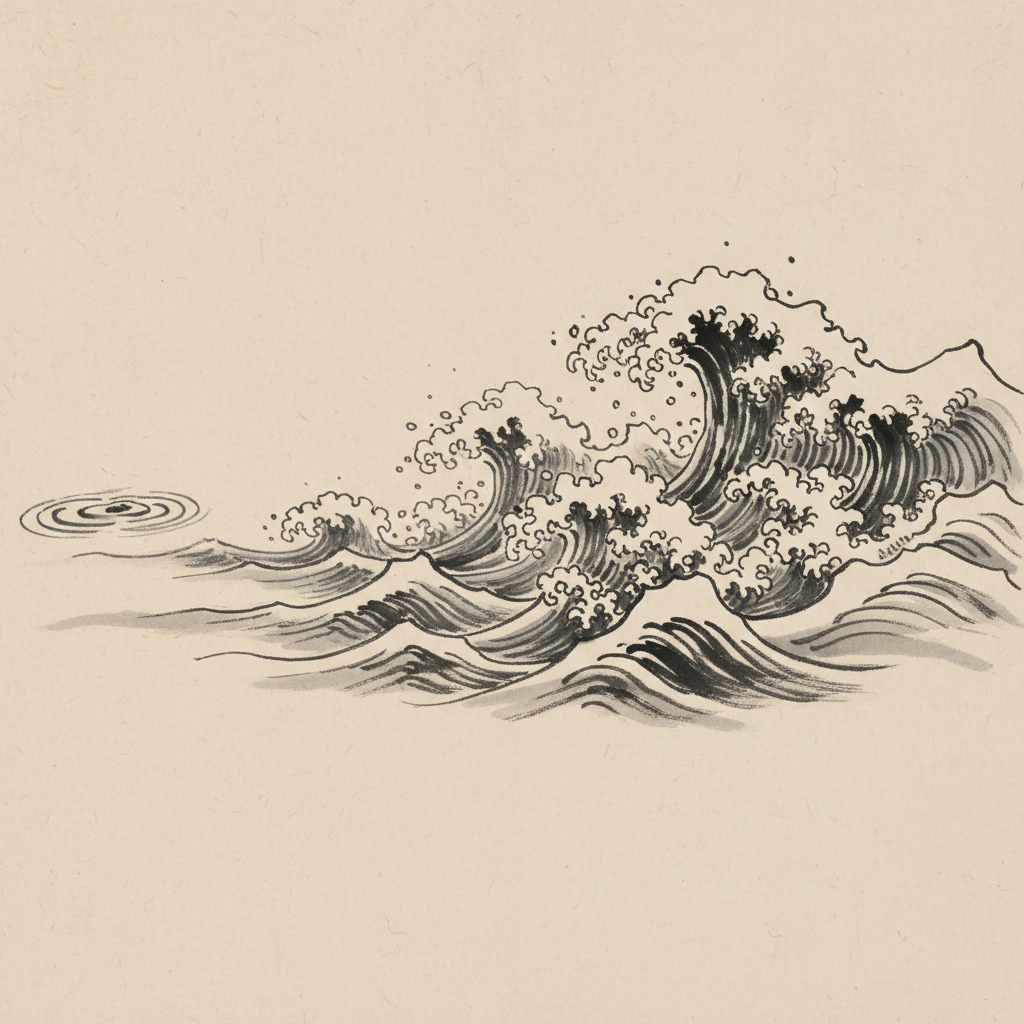 Traditional Chinese calligraphy showing wave patterns transforming from one small wave to multiple large waves, artistic ink brush style, beige parchment textured background, elegant composition, cultural heritage theme, no text