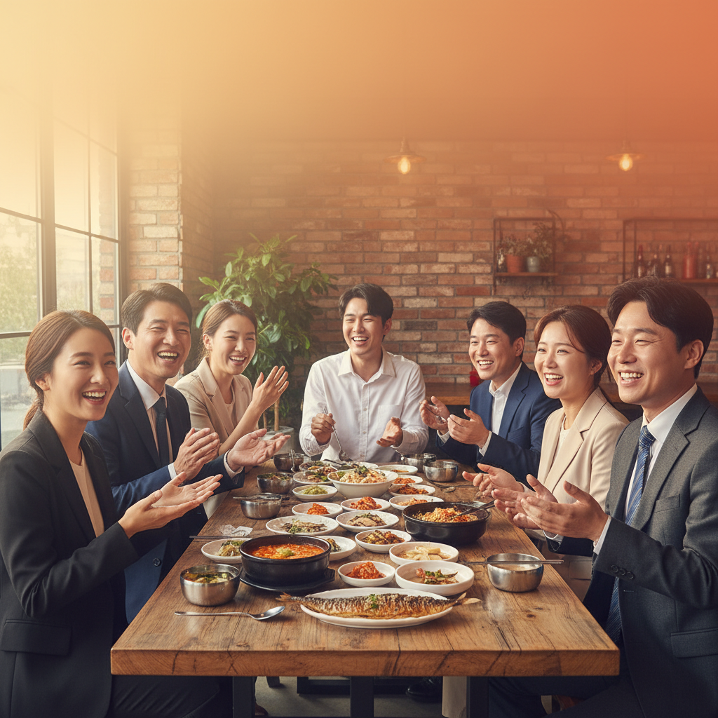 Diverse group of Korean office workers sharing lunch together at casual restaurant, smiling and talking, warm friendly atmosphere, natural window lighting, wooden table with various affordable dishes, inclusive and harmonious scene, realistic lifestyle photography, warm orange and soft yellow gradient background