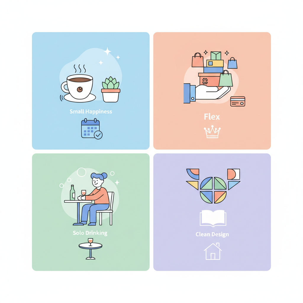 Colorful infographic comparing modern Korean slang words like small happiness, flex, solo drinking, clean design, no text