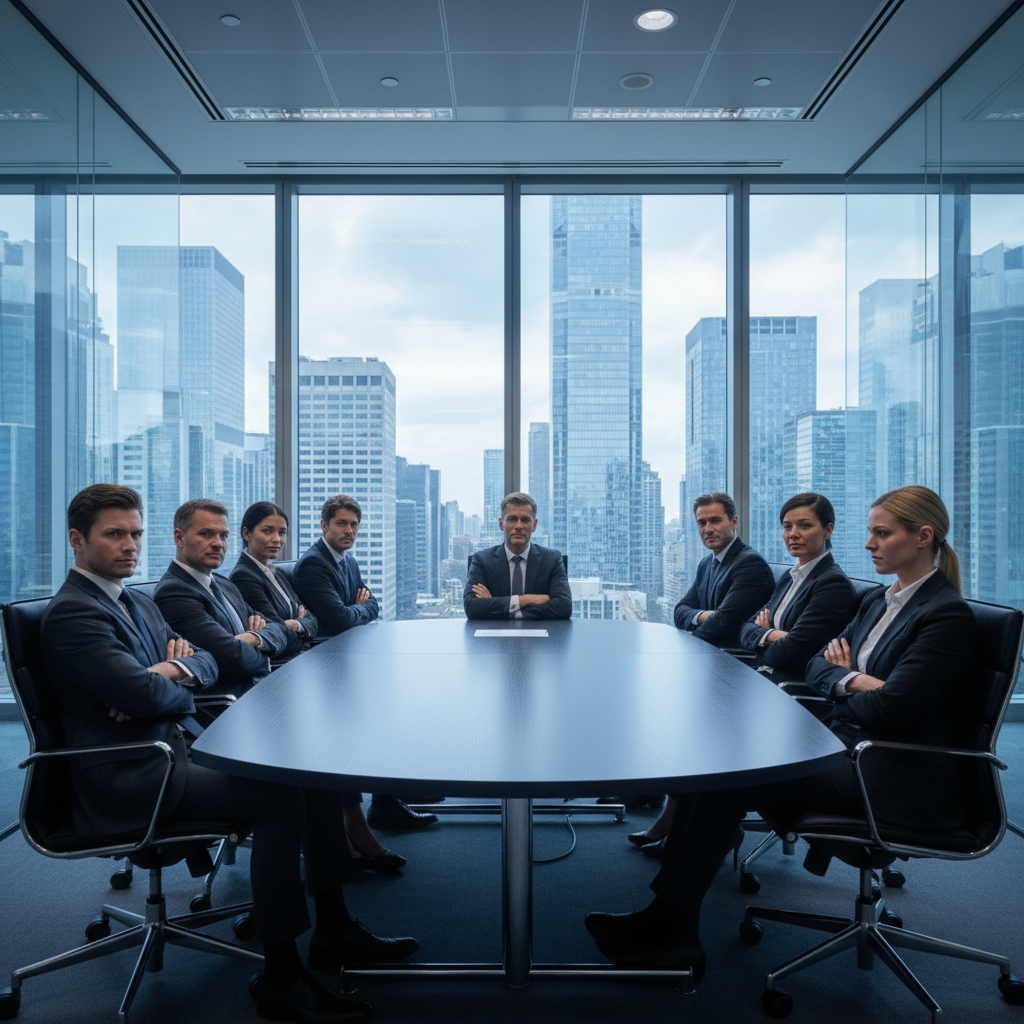 Modern office meeting room with tense atmosphere, diverse business professionals in suits sitting on opposite sides of a sleek conference table, crossed arms and frustrated expressions, large windows showing city skyline, cool blue and gray tones, natural daylight creating contrast, contemporary interior design with glass partitions, no text