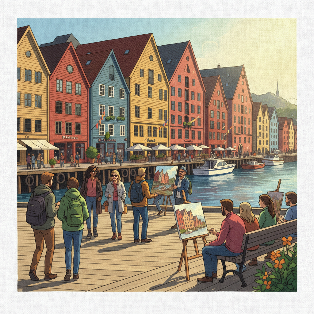 An illustration showing people enjoying the vibrant atmosphere of modern Bryggen, perhaps tourists exploring or artists at work, with the historical wooden houses in the background. Style: illustration, textured background, bright lighting. No visible text.
