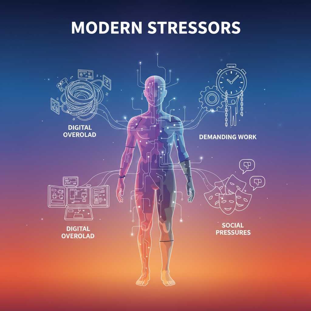 A metaphorical illustration depicting various modern stressors like digital overload, demanding work, and social pressures, subtly affecting individuals. The background is a gradient mix of cool and warm colors. Style: clean infographic, modern layout, high contrast.