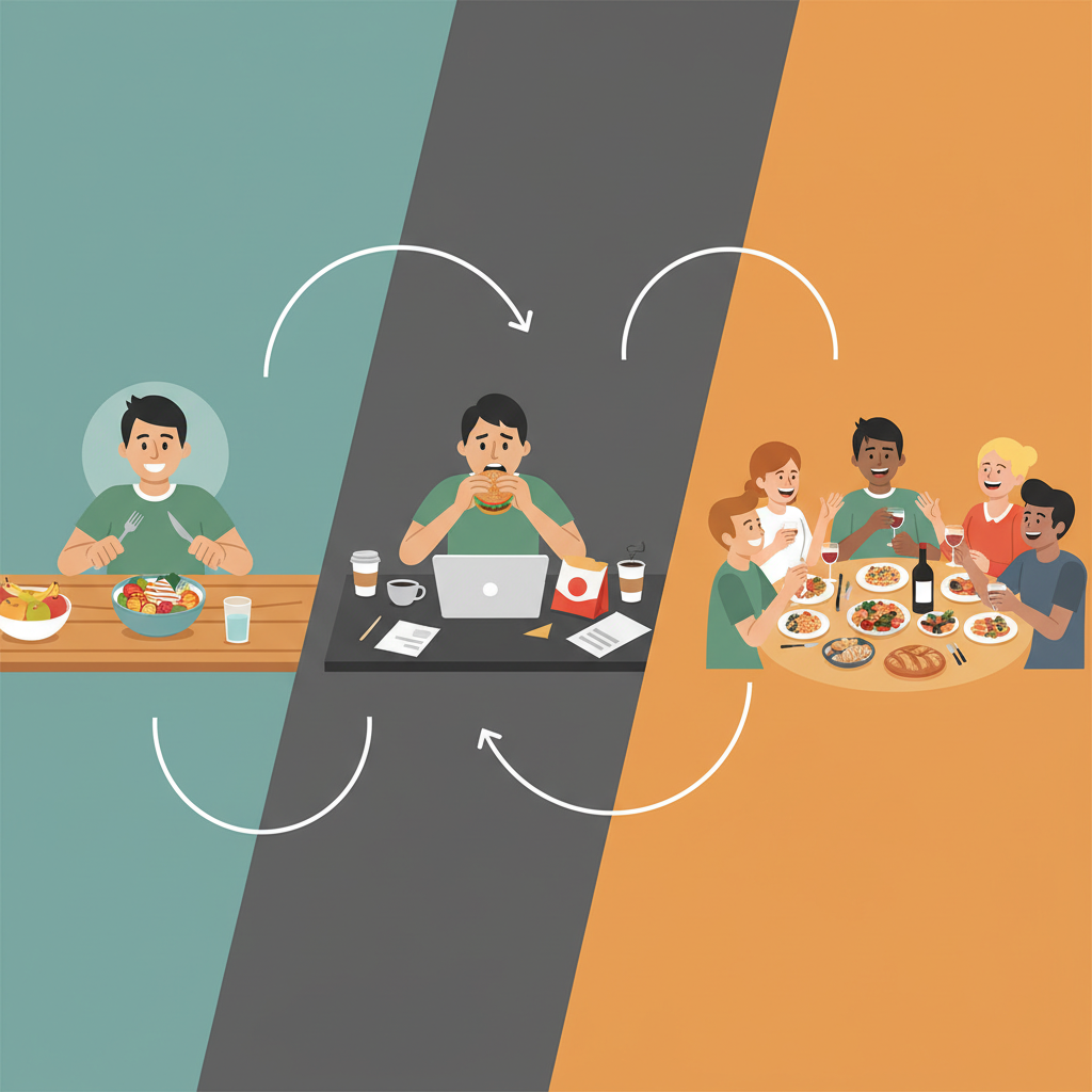 A dynamic infographic showing various modern eating habits: a person enjoying a healthy homemade lunch, another quickly eating a takeout meal at a desk, and a group laughing over a communal dinner. Clean infographic, modern layout, high contrast, colored background. No visible text in image. No Korean characters.